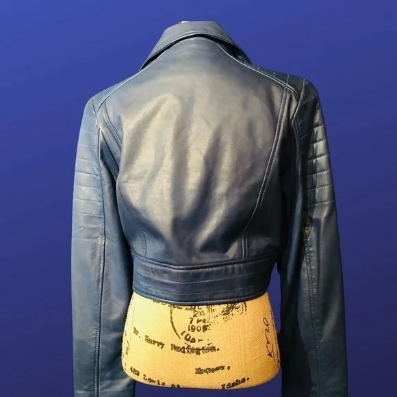 CARRIE HOXTON 100% Leather CROPPED MOTO BIKER JACKET, DARK BLUE, NWOT, XL